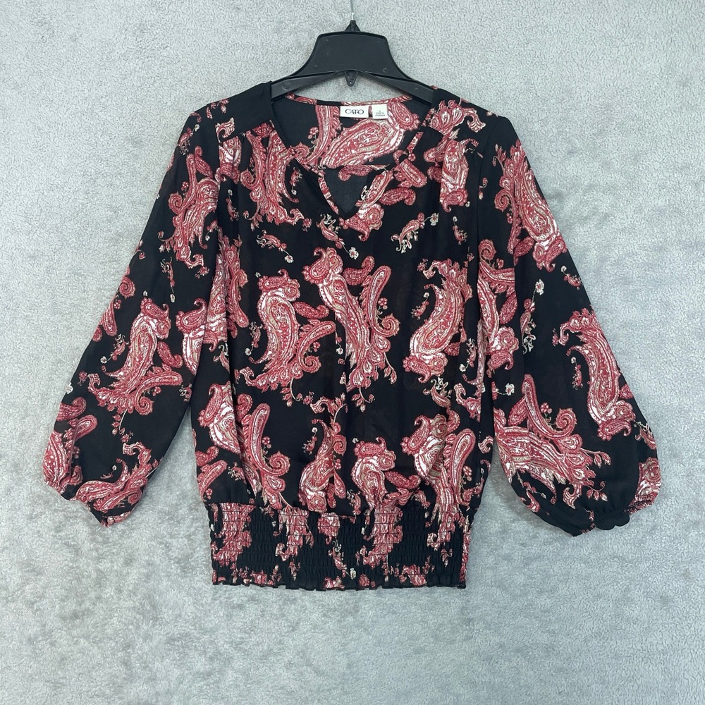 Cato Paisley Blouse Women's Small Black Red Polyester Chiffon Smocked